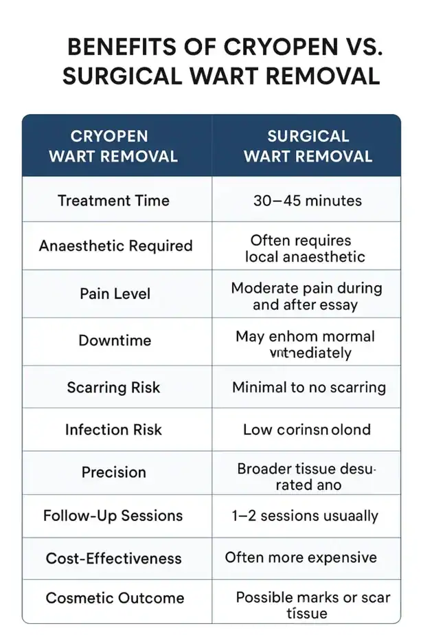 Table showing the benefits of cryopen to remove warts Hitchin compared to surgical treatment